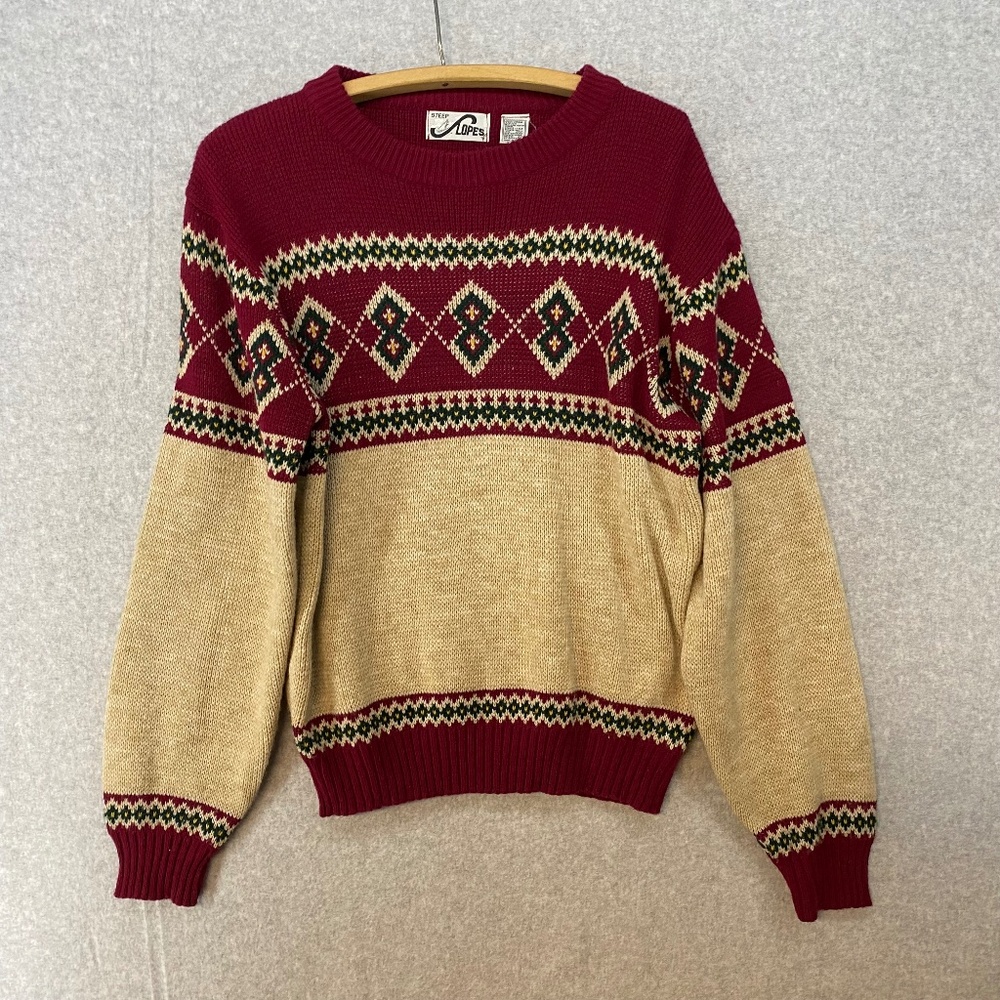 Vintage Steep Slopes M Ski Sweater Fair Isle Acrylic Burgundy Tan Long Sleeve